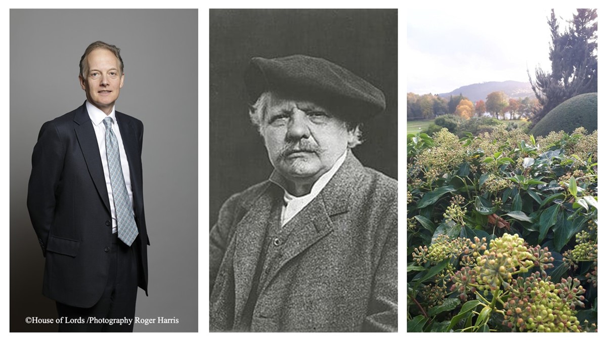 3 images: Lord Reay (middle aged man in a suit), Karel Klic (older man wearing a beret), and a garden designed by Thomas Mawson.